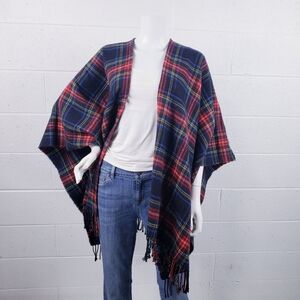 Vintage Tartan Plaid Pure New Wool Ruana Wrap Fringe‎ Open Front Red Black